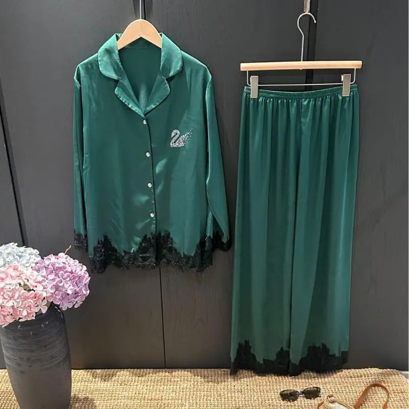 الفاخرة كبيرة الدانتيل تقليم منامة مجموعة النساء ملابس خاصة أنيقة الساتان السراويل العليا حجر الراين سوان طباعة ملابس المنزل المتسكعون 2 قطعة #4