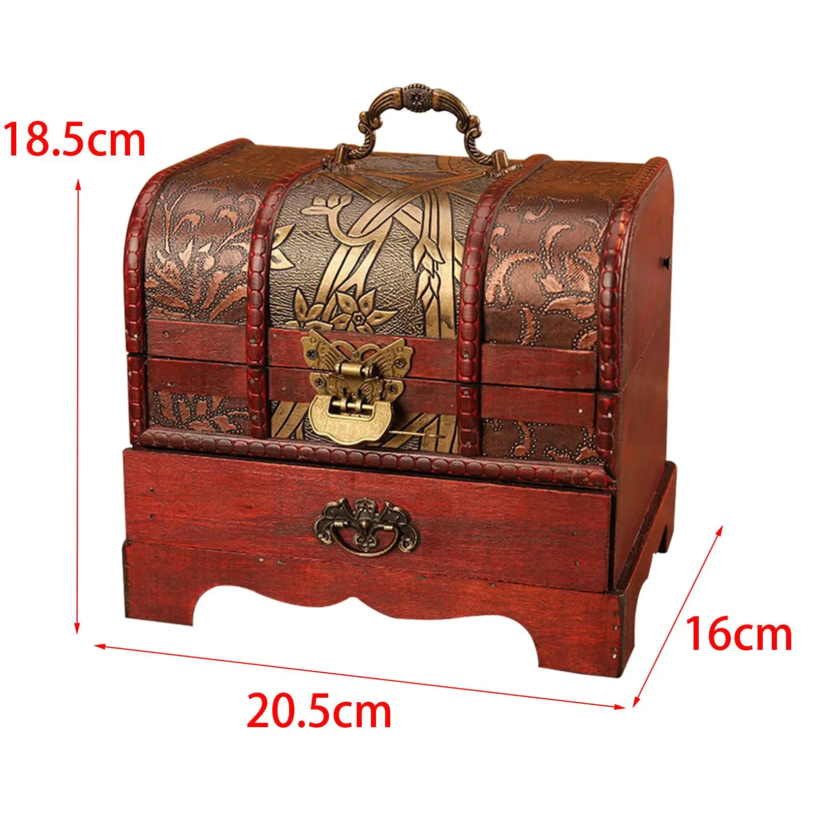 Traditional Wooden Jewelry Box with Drawer with Hinged Lid Organizing Size 20.5x16x18.5cm Dresser Ornaments Treasure Chest