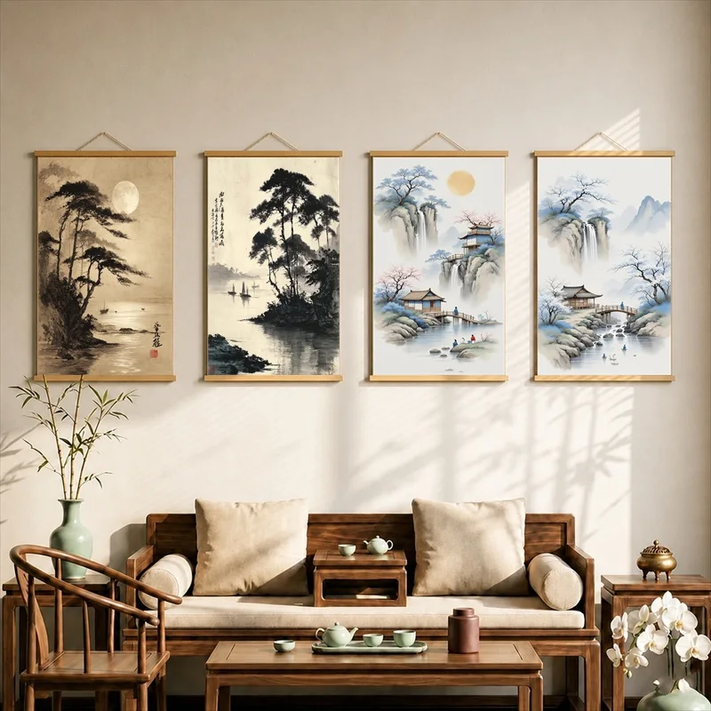 Wall Art Misty River and Ink Mountains, Zen Minimalism Pearlescent Canvas Hanging Scroll with Wooden Rods for Meditation Room