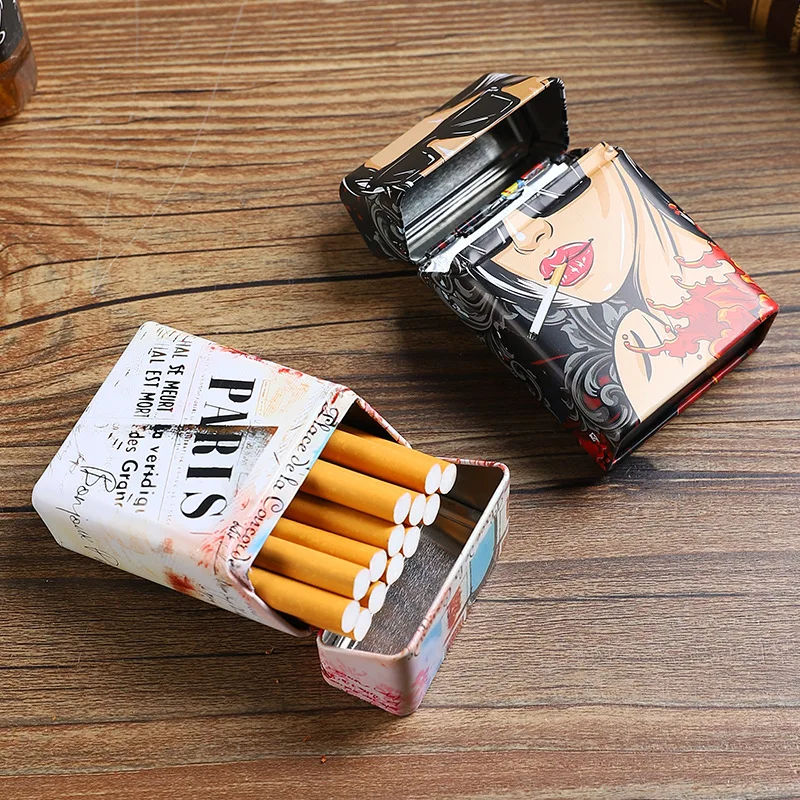 Portable flip iron cigarette box, creative metal cigarette storage box, tinplate moisture-proof sealed cigarette box