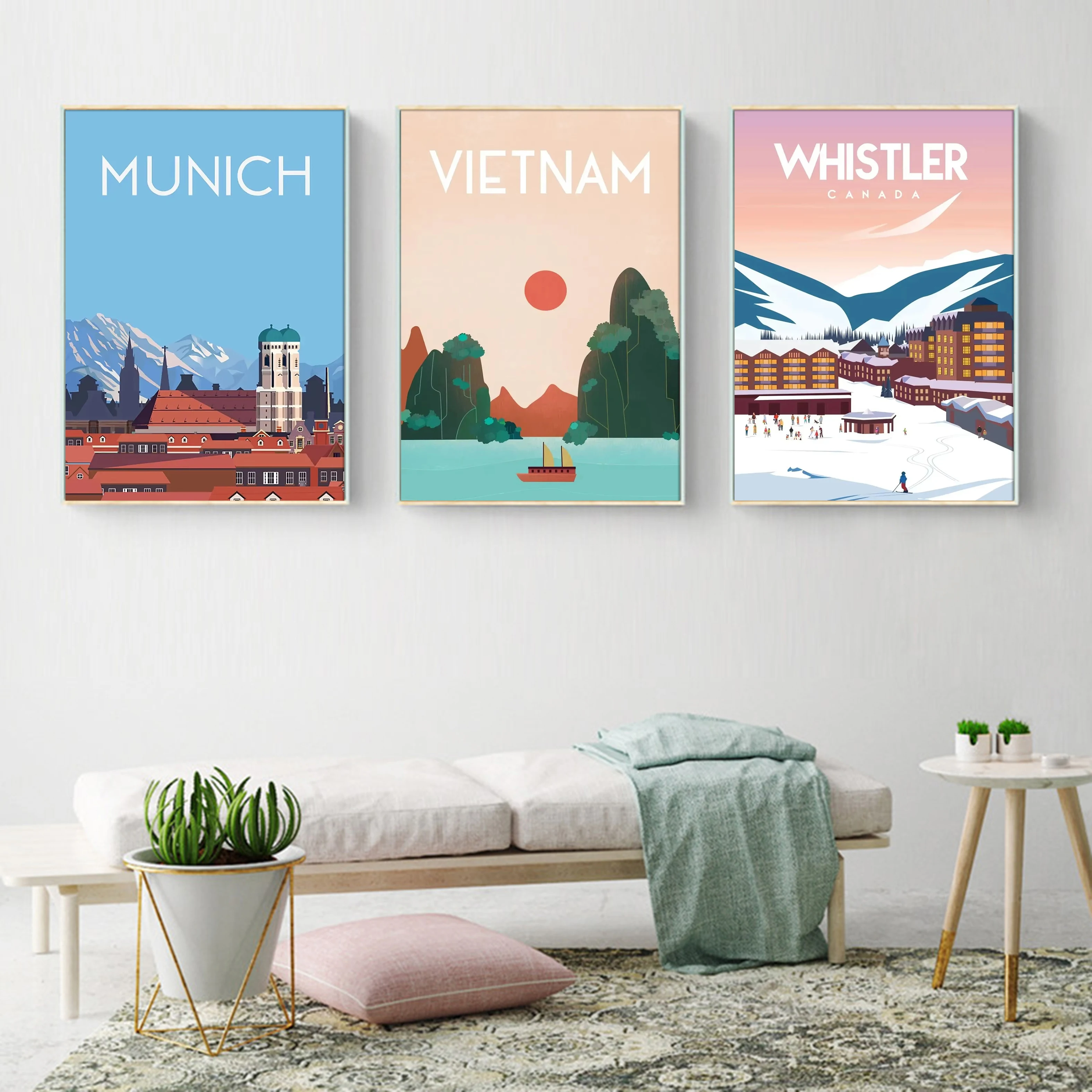 Vintage World Travel Canvas Prints New York Munich Rio Costa Rica Yellowstone Landscape Retro Travel Poster Home Wall Decor