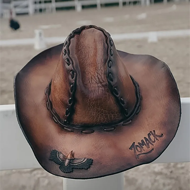 

Vintage handmade pure cowhide cowboy hat outdoor leather men's sunshade rider motorcycle