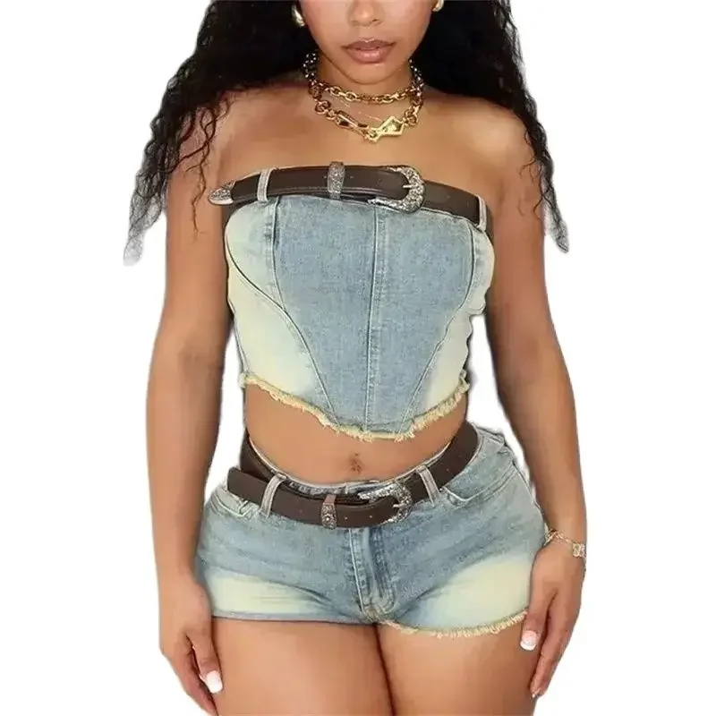 

Vintage Backless Sleeveless T-Shirt Vest Women Denim Two Piece Sets Tassel Shorts Suits Sexy Ultra Short Pants Trend Streetwear