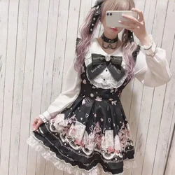 Kawaii Lolita Suits Harajuku Sweet Lace Patchwork Slim Fit Blouse + Y2k High Waist Skirts Women Spring New Black Two Piece Sets