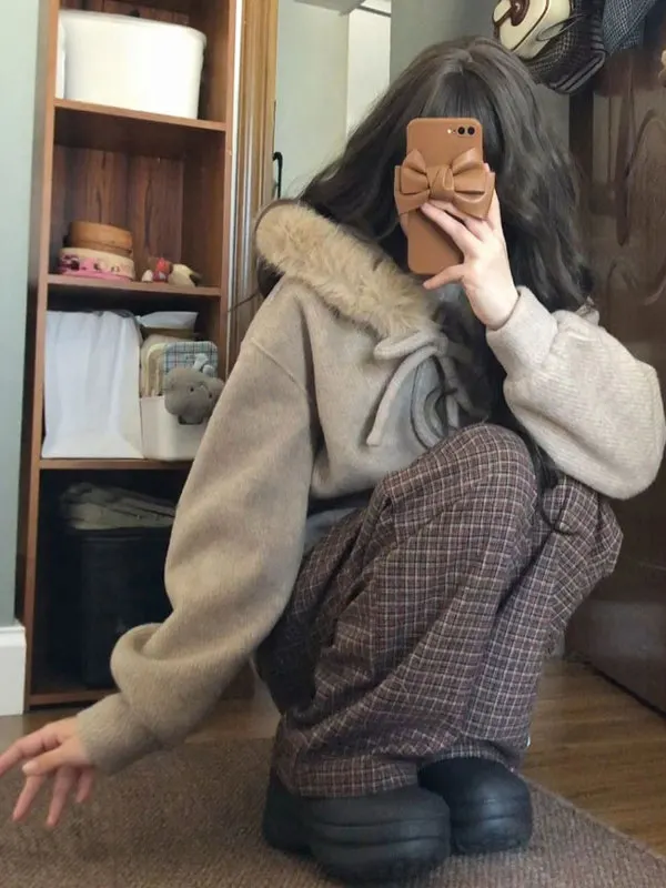 

Retro Lazy Sle Thiened ort Hooded Jaet with Large Fur Collar Winter Warm Outerwear for Women Faionable 2026
