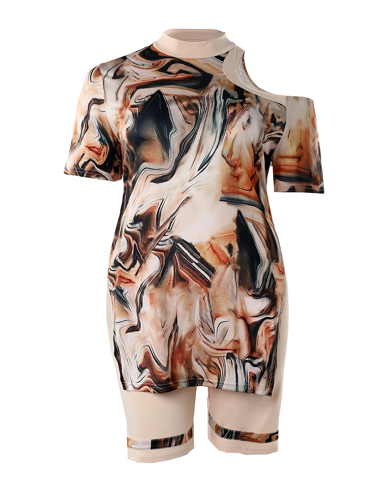 Plus Size Marble Print Cold Shoulder Top & Shorts Set