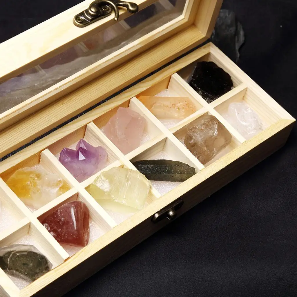 Wooden Box of 12pcs Mineral Collection Kit (Crystal / Citrine / Amethyst / Rose / Black , etc)