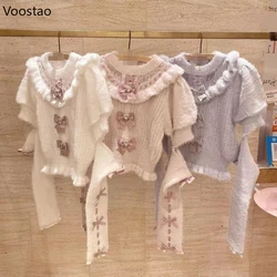 Lolita Pullover lavorato a maglia carino dolce fiocco peluche Oversleeve maglieria top ragazze primavera autunno Kawaii rosa maglione manica staccabile