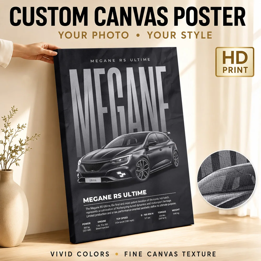 Black Sleek French Megane RS Ultime Canvas Painting Poster Customized Photo Modern Minimalist Style Canvas Wall Art Garage Decor