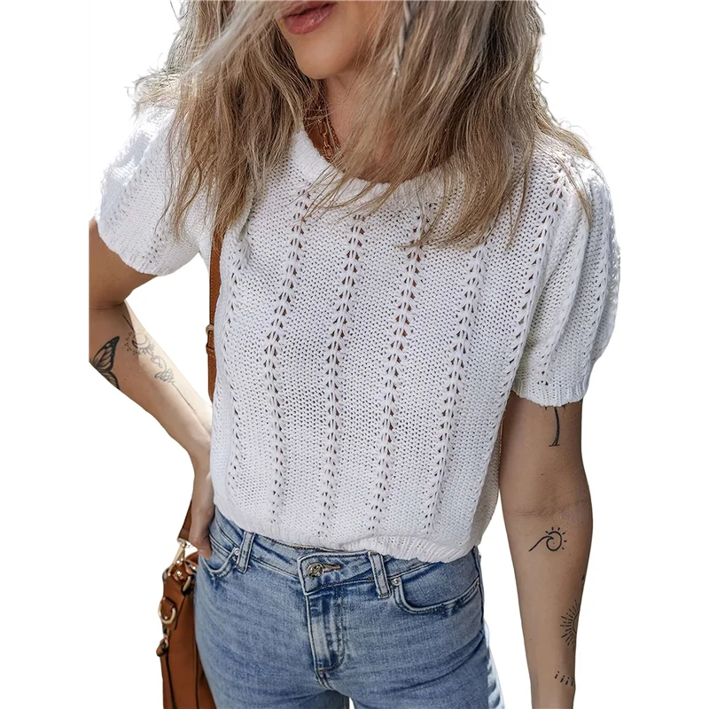 

ABP-Women Summer Short Sleeve Sweaters Knit Tops Shirts Solid Hollow Out Blouses 2025
