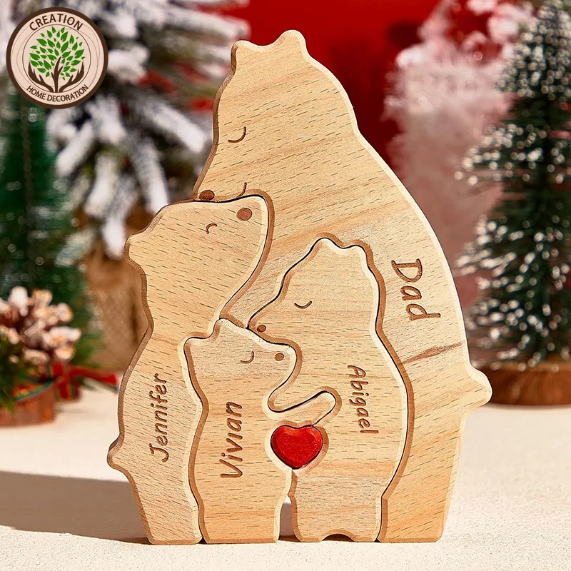 Personalized Wooden Bear Home Art Puzzle Laser Custom Home Decorations Warm Gifts for Mom Send Family, Friends Christmas