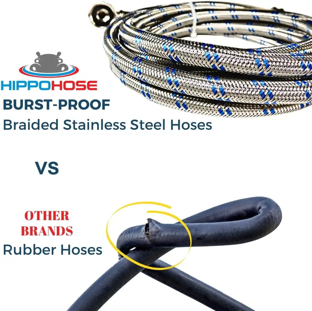 خراطيم غسالة من الفولاذ المقاوم للصدأ المجدول بطول 16 قدمًا مع وصلة 90 درجة °   وصلة كوع، متوافقة عالميًا، مقاومة للانفجار - عبوة من قطعتين