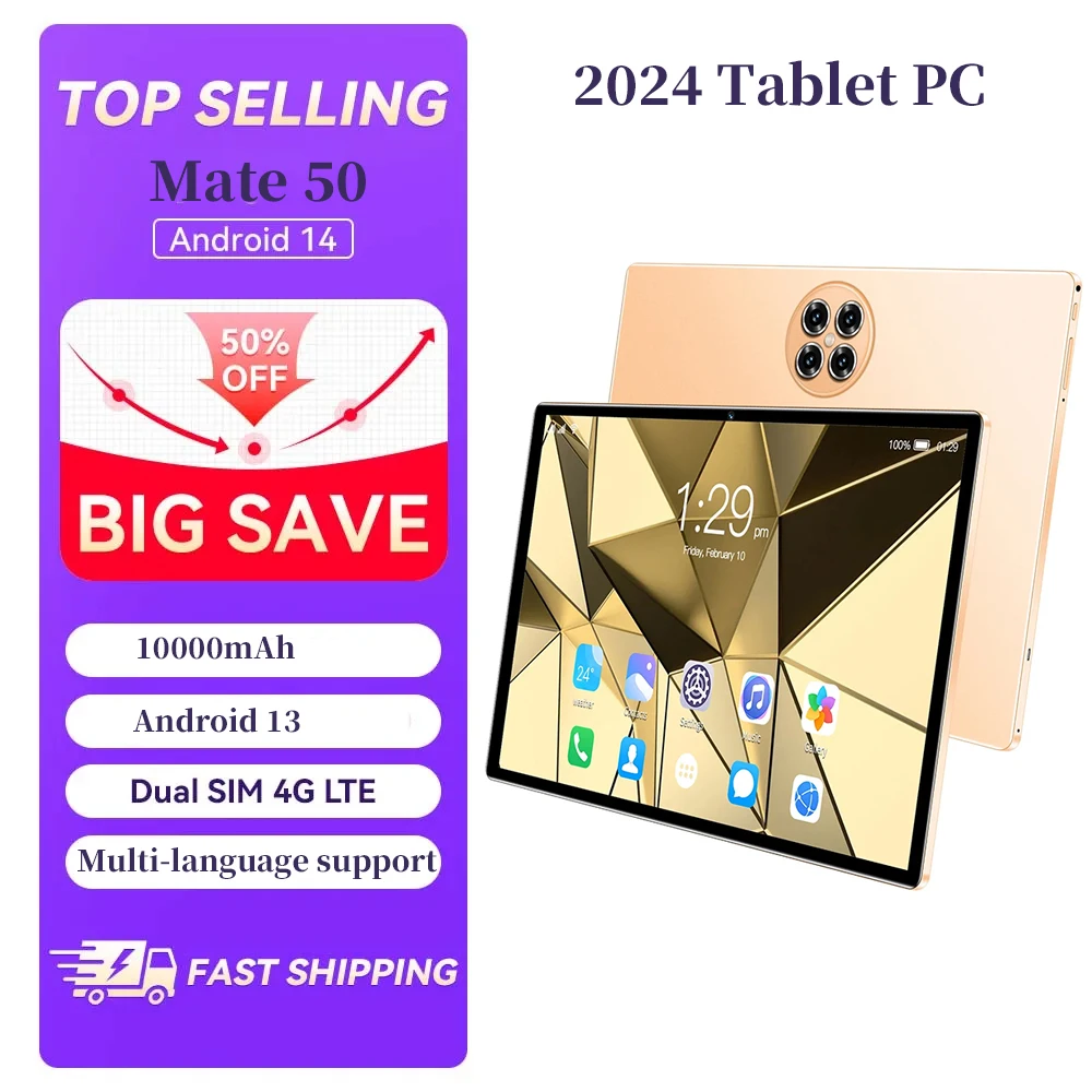 2024 Global Mate 50 10.1 بوصة HD شاشة اللوحي أندرويد 14 بطاقة مزدوجة 4G واي فاي بلوتوث اللغات المعطي وظيفة الكمبيوتر اللوحي