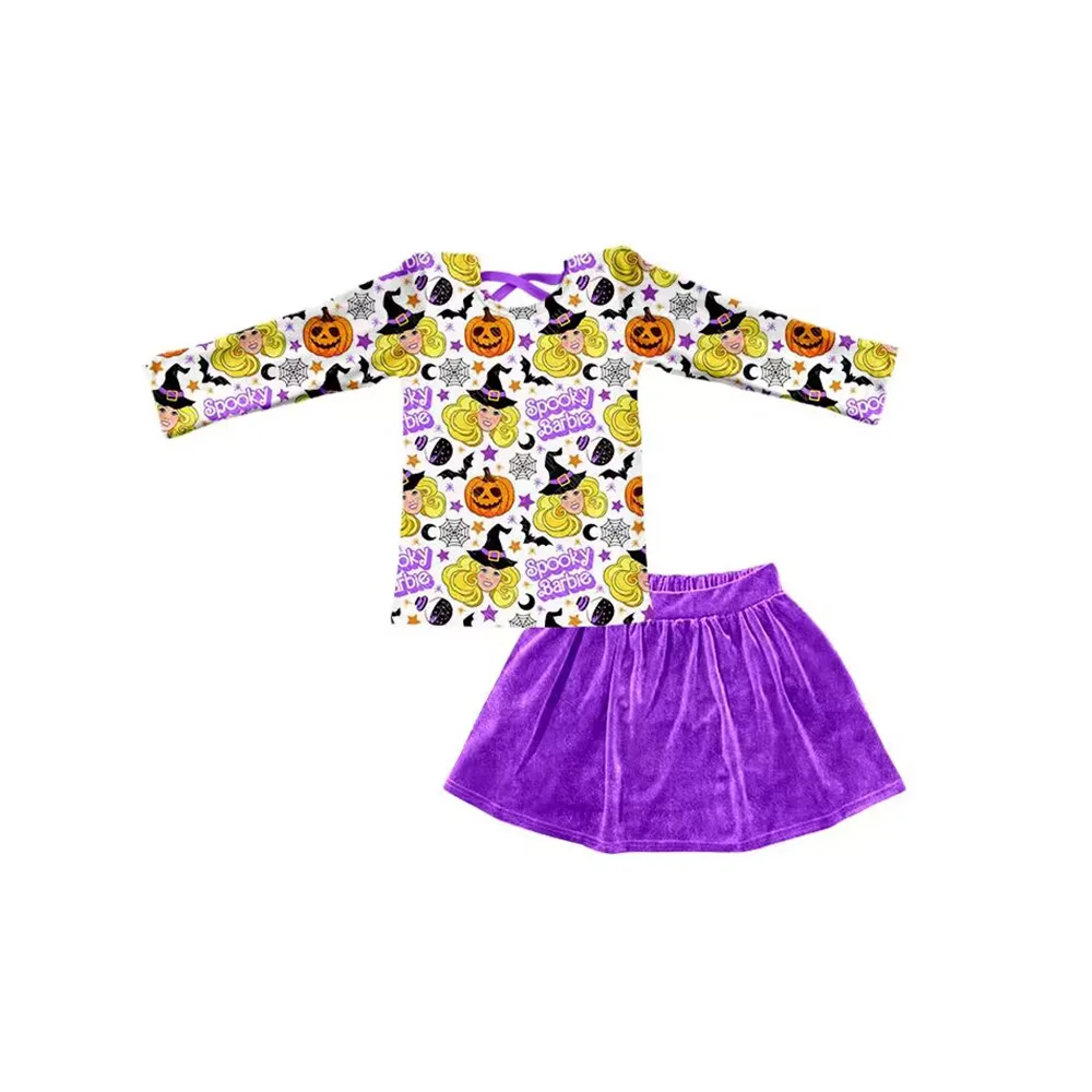 Wholesale Hallowee outftis Christmas outftis cartoon little girls kid clothing Velvet girl skirt dresses 2peice sets