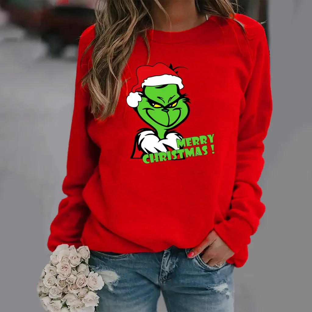 أمازون إيباي أتمنى محطة مستقلة عيد الميلاد نمط الطباعة طويلة الأكمام جولة الرقبة البلوز المرأة مادة الصوف #4