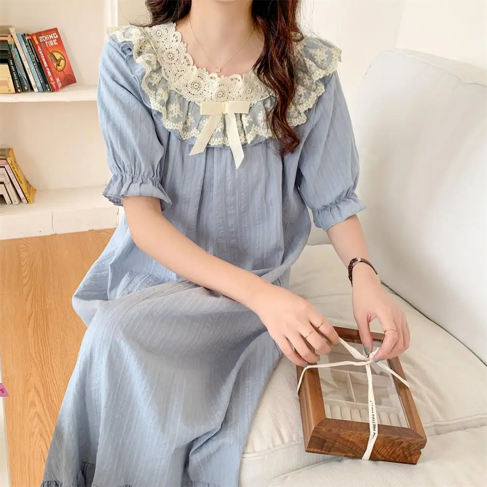 Lace Crochet Summer Nightgown Women Korean Court Two Piece Pajamas Set Kawaii Casual Elegant Long Sleepwear Night Dress Cotton