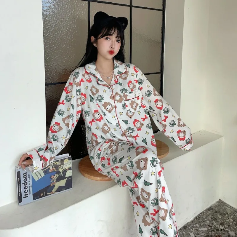 Hello Kitty Kawaii Girls Pajamas Two-piece Set Anime Soft Cotton Long Sleeve Pants Spring Autumn Women Sleepwear Christmas Party