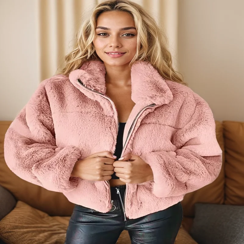 Women\'s Faux Fur Coats Elegant Solid Color Comfor Turn Down Collar Zipper Long Sleeve Jacket Fashion Plush Short Coats Female