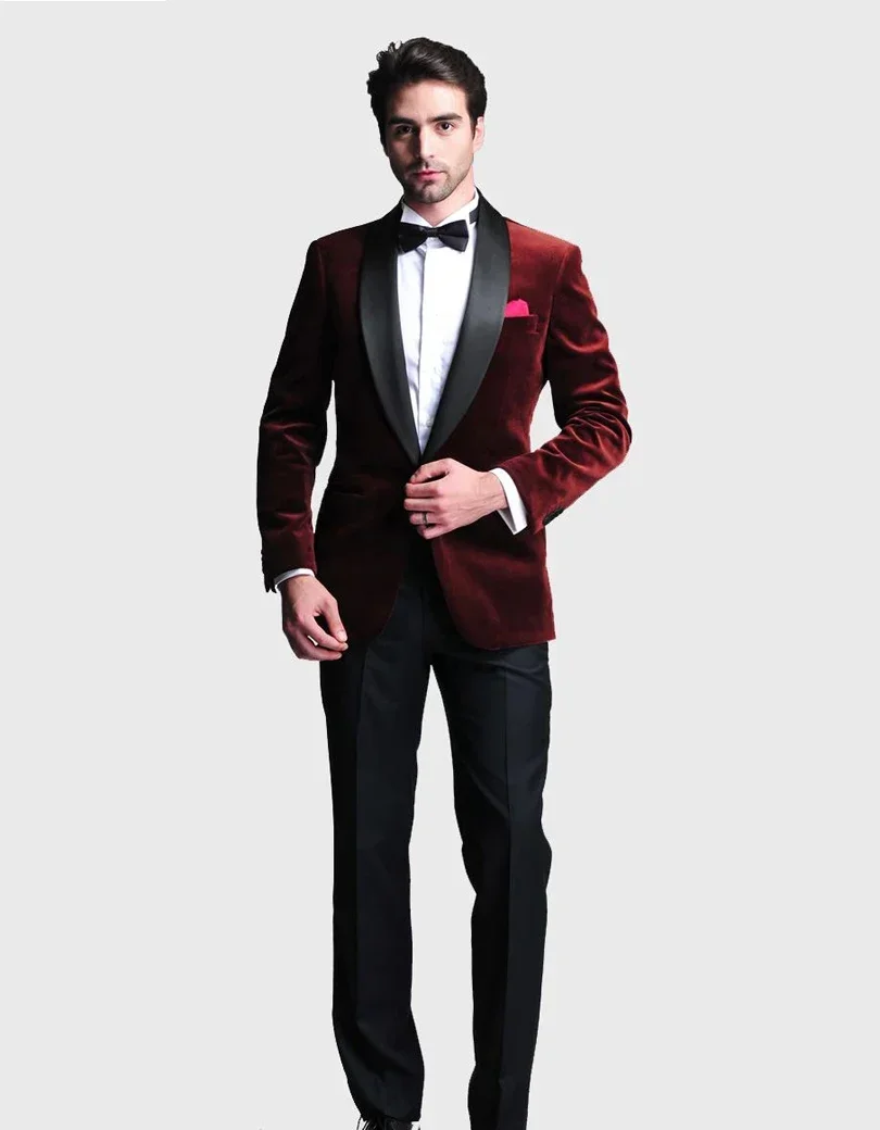 Burgundy Velvet Shawl Lapel Men Suit Wedding Suits For Men Custom Slim Fit Tuxedo 2 Piece Formal Prom Blazer Set Terno Masculino