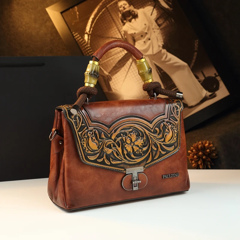 

Women's Bag Embossed Portable Genuine Leather Handbags Carving Shoulder Ethnic Style Bags 2025 New Crossbody Bags