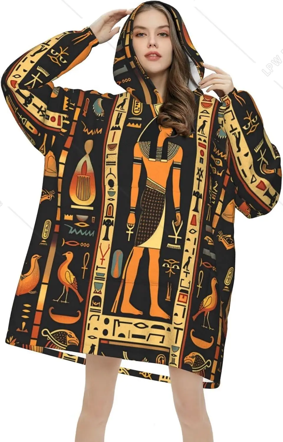 Egyptian Wearable Blanket Hoodie Ancient Egypt Hieroglyphs Oversized Sweatshirt Blanket Cozy Warm Sherpa Hooded Blanket