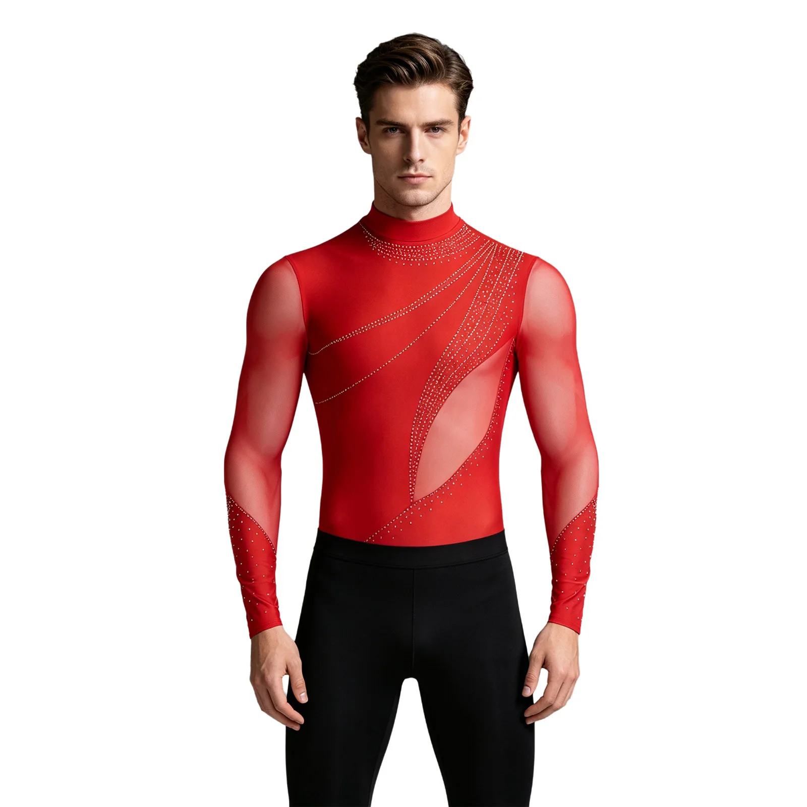 Herren Gymnastik Latin Ballett Tanz Performance Eiskunstlauf Kostüm Glitzer Strass Mesh Trikot Overall Bodysuit Shirts – Detail 17
