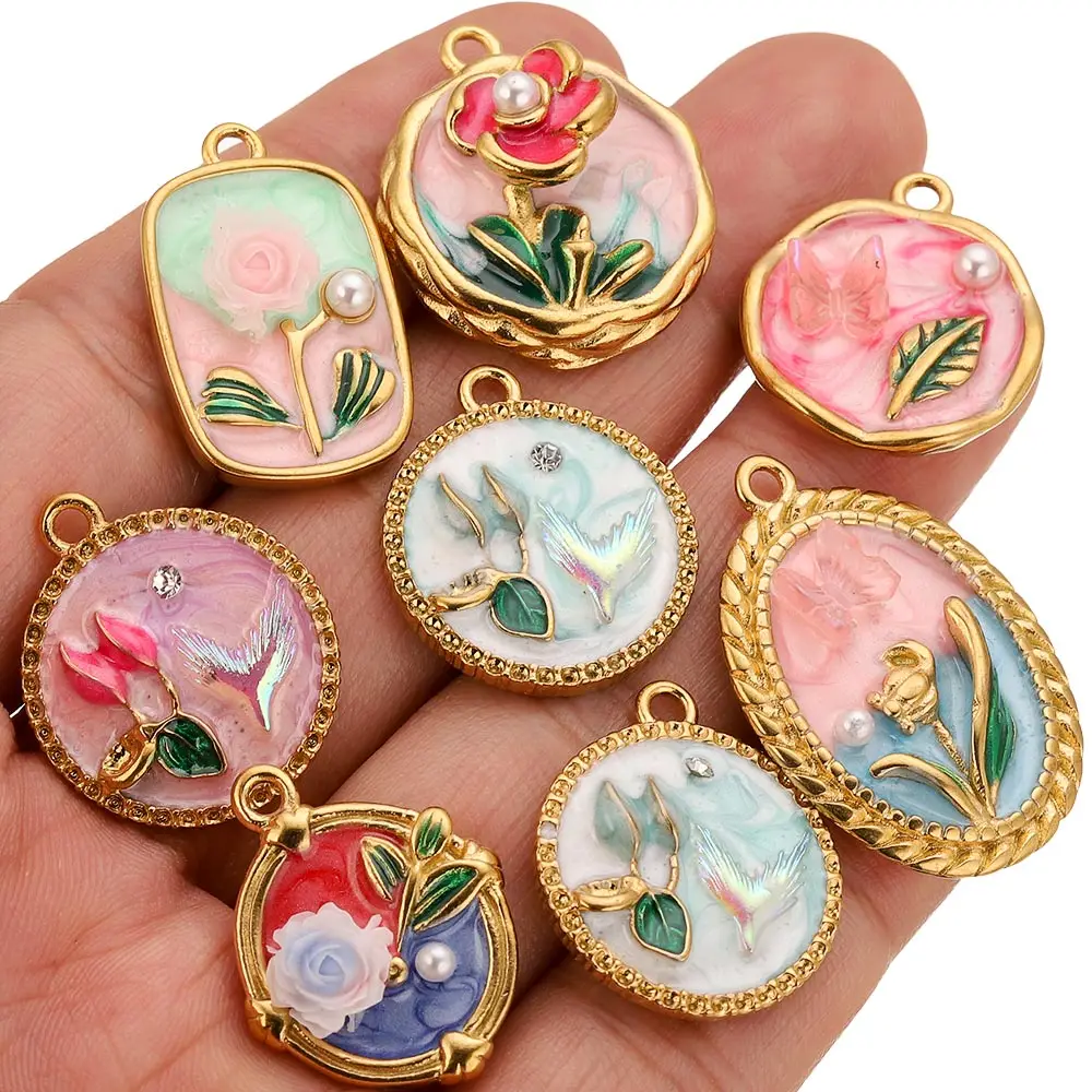 

3-5PCS Stainless Steel Enamel Flower Creation Charm DIY Metal Earring Necklace Pendants Jewelry Making Materials Supplie Crafts