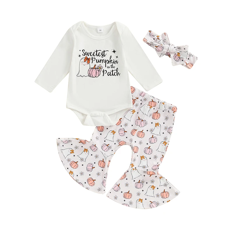 

Infant Baby Girl Halloween Outfits Pumpkin Ghost Print Long Sleeve Tops flared Pants Cute Headband 3Pcs Clothes Set