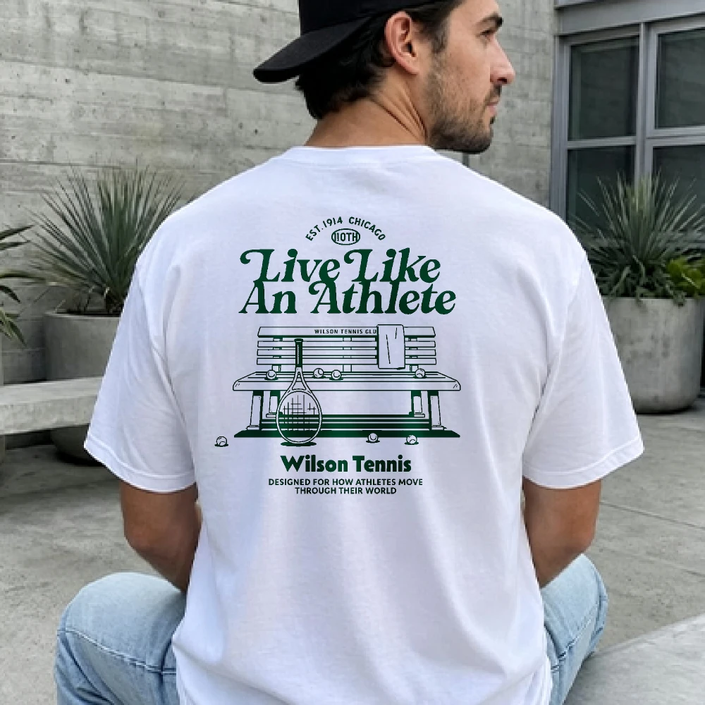 Men Cotton T Shirt Live Like An Athlete Wilson Tennis Bench Vintage Cursive Letter Back Print Tee Sports Fitness Minimal Casual