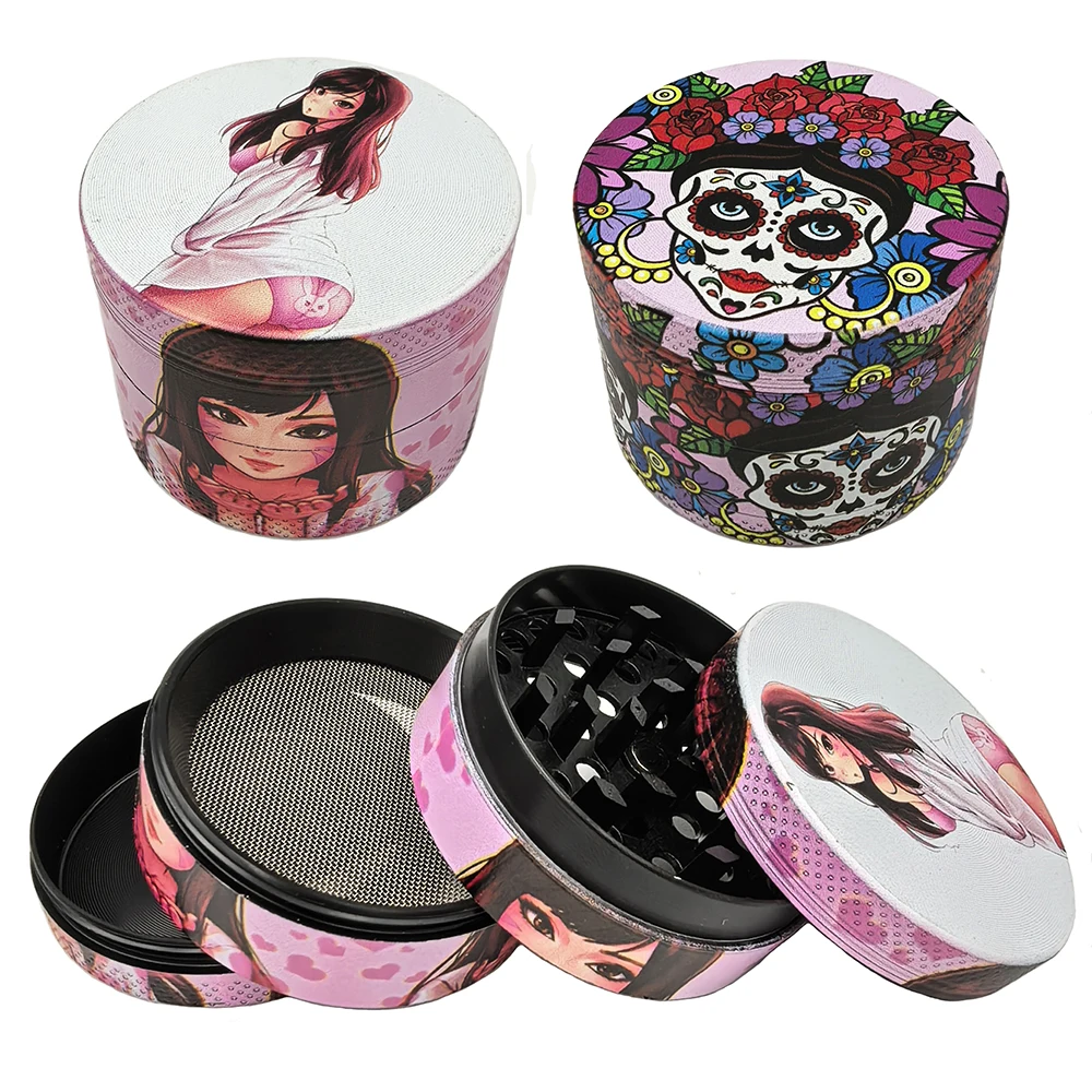 

2-дюймовая металлическая мельница для трав Pink Girl, инструмент для измельчения розового черепа, 50 мм, металлическая мельница для табака с принтом