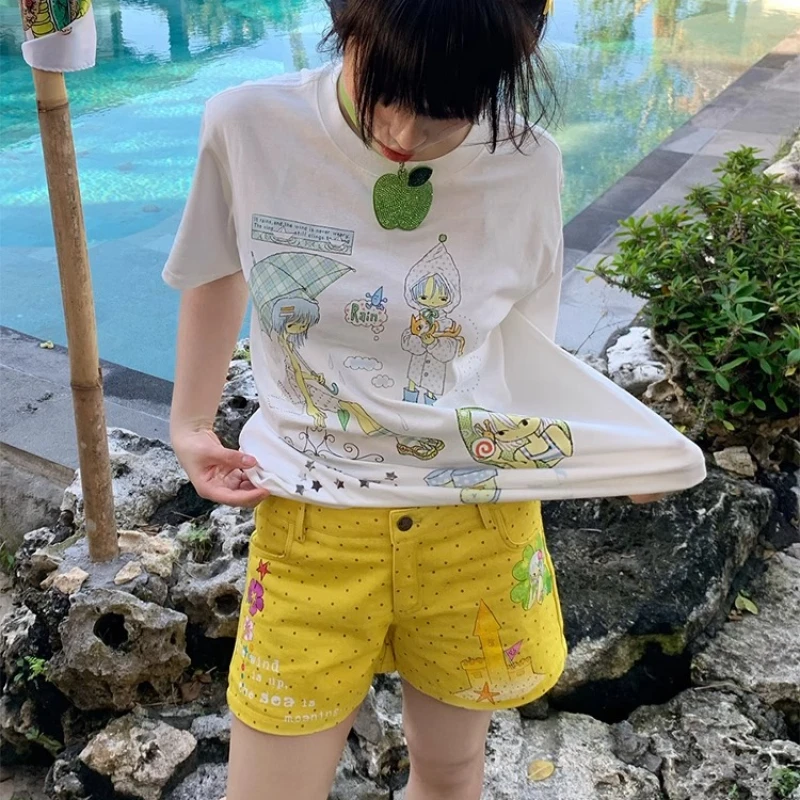 Original Design 2025 Summer Women's Clothing Yellow Polka Dot Print Casual Pants Sweet Cute Versatile Thin Denim Shorts Ladies