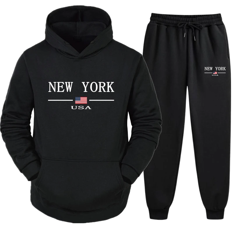 

New Trend Mens Hooded Sweatshirts and Jogger Pants New York Printed Male Sportwear Classic Male Daily Casual Hoodies 2pcs Set