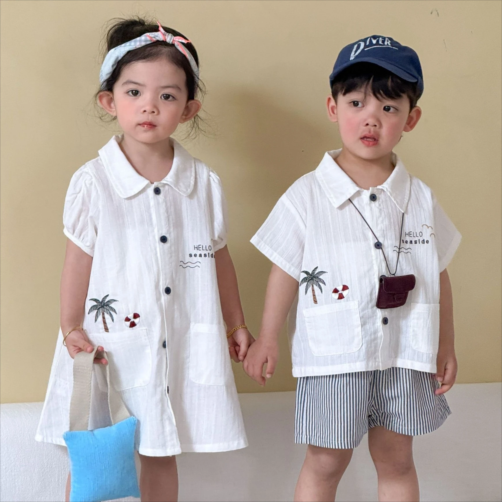 Set 2026 Spring and Summer New Children's Clothing Korean Style Boys and Girls Holiday Shirt Shorts Dress Brother and Sister