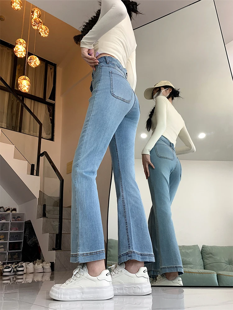 Light Blue Elastic Micro Flared Jeans Women's plus Size High Waist Short plus Size Straight Leg Nine Point Pants