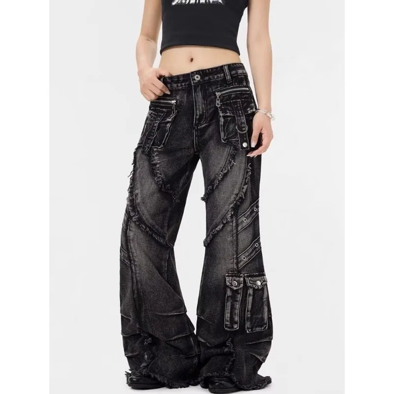 2000S Harajuku الجمالية خمر الجينز السراويل السراويل الملابس النسائية الأسود القوطية البضائع الفضفاضة الجينز Y2K الأمريكية عالية Stree