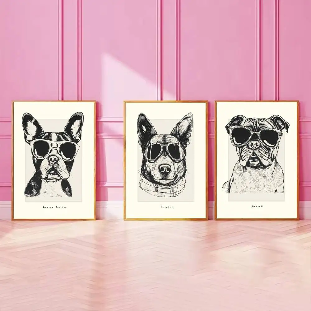 Black White Dog Sketch Paper Poster Cool Sunglasses Puppy Breed Minimal Line Drawing Wall Print for Room Bedroom Pet Shop Decor