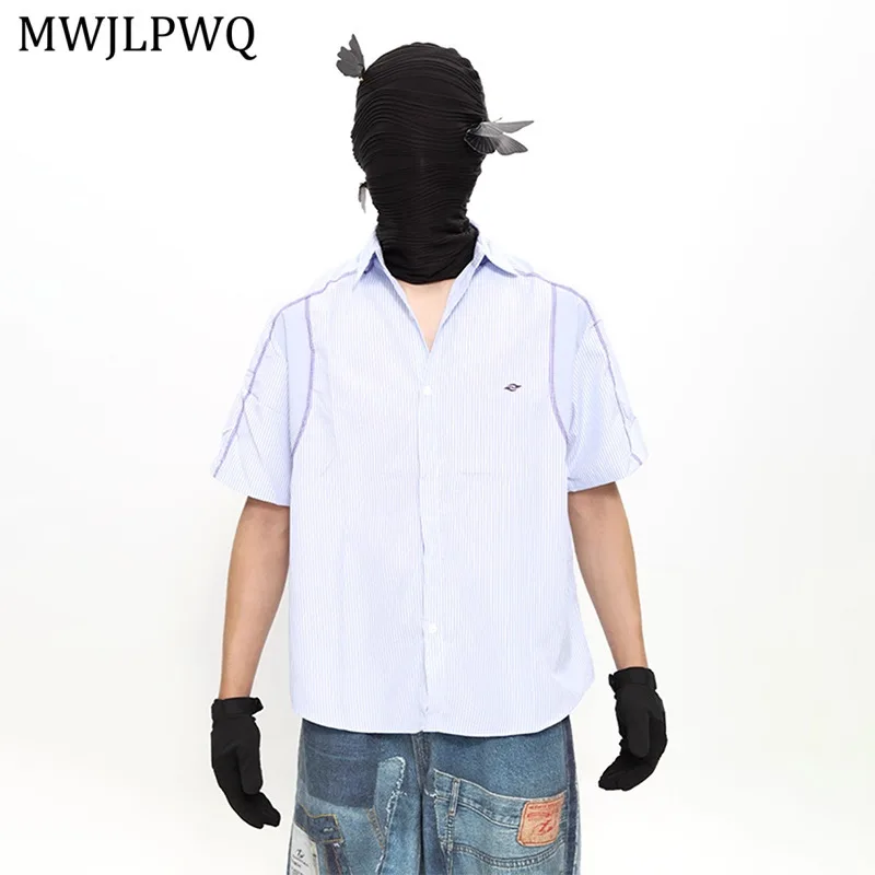 

MWJLPWQ Line Design Niche Light Blue Striped Shirt Male Short Sleeve Lapel Summer Functional High-end Loose Casual Tops 11122