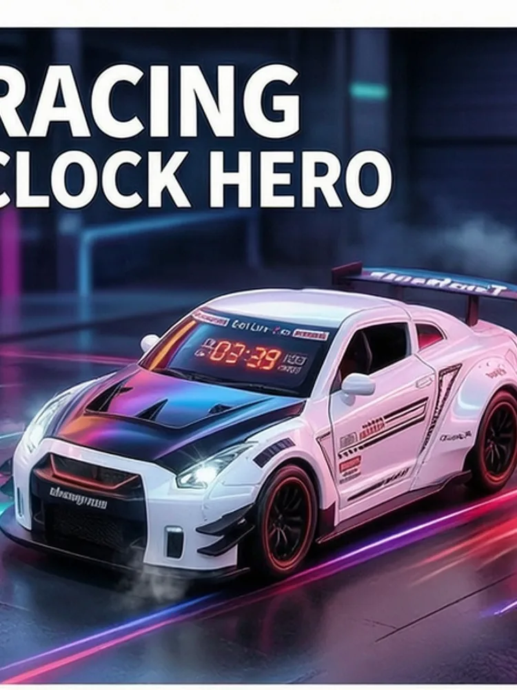 1PCS Alloy Sports Hyper Car Alarm Clock, Remote Control Car‑Shaped Clock with Engine Sound, LED Light & Spray Effect