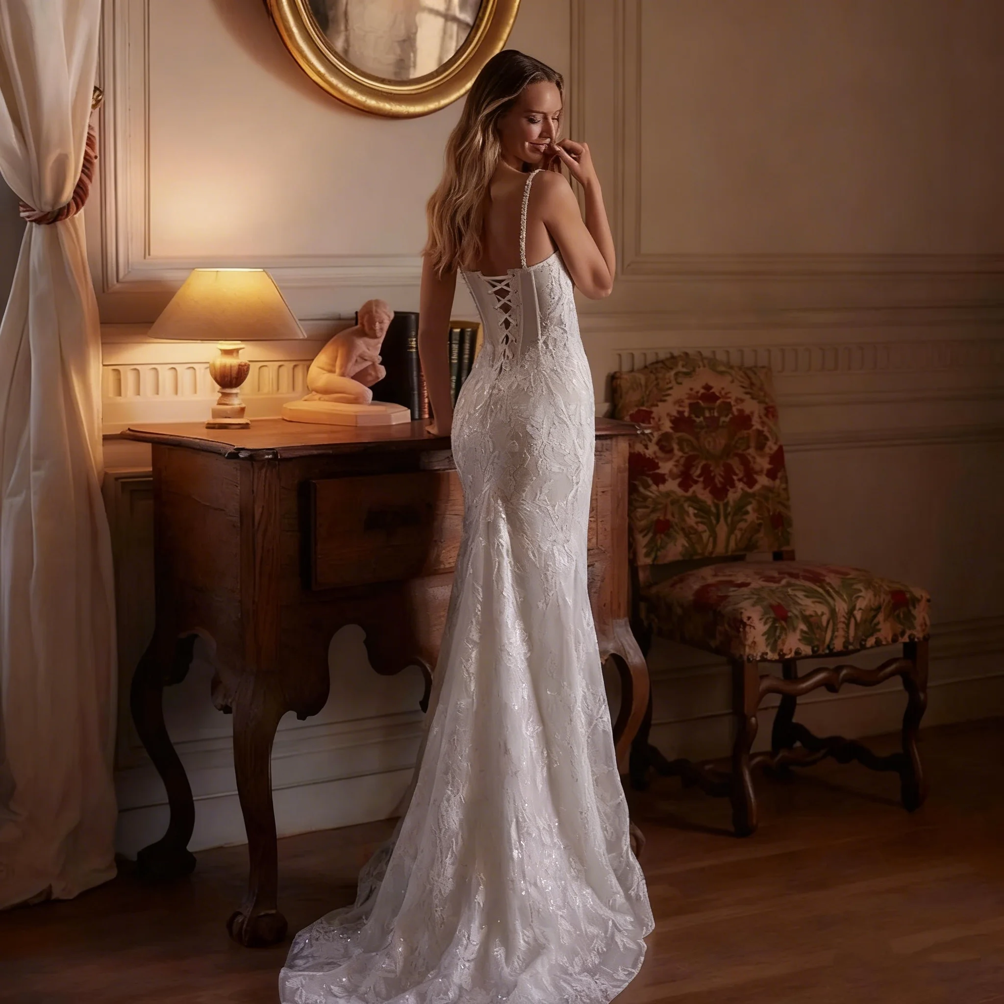 맞춤형 얇은 스트랩 머메이드 웨딩드레스 레이스 비즈 장식 반짝이는 신부 드레스 2피스 세트 새틴 웨딩드레스 탈부착 가능한 트레인