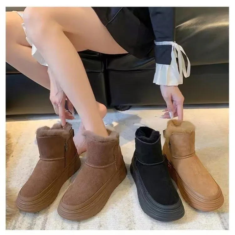 Bottes d'hiver en peluche australienne pour femmes, chaussures à glissière, Parker rond, talon plat, rinçage temporel, fourrure, neige, coton, tissu, dames, nouveau, 2023