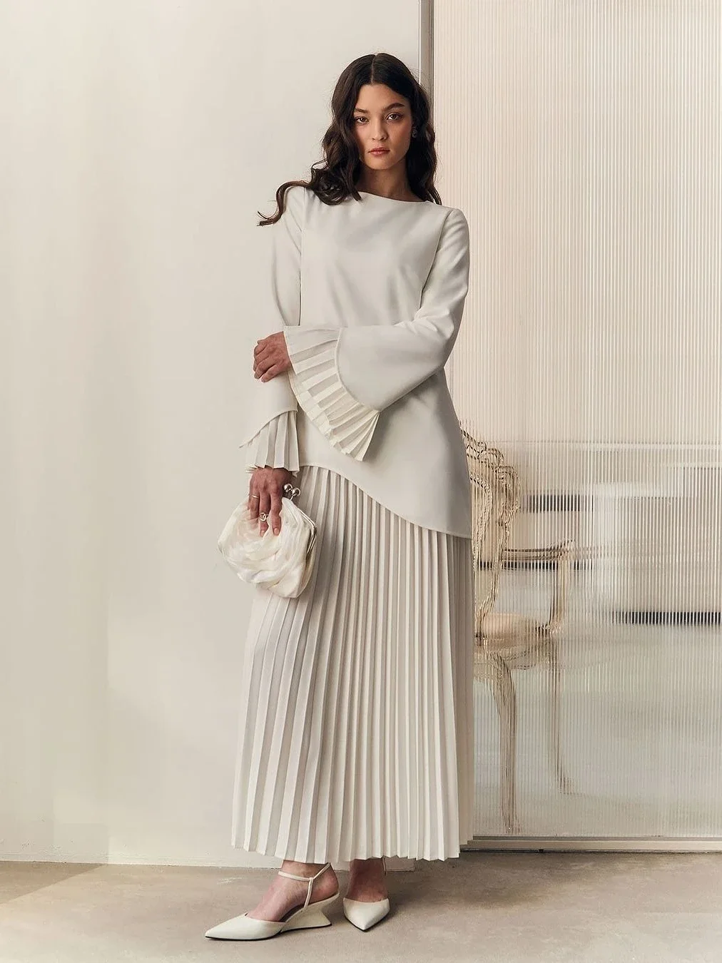 Eid Musulman Ensemble Femmes Top Chemise Plissée Jupe 2 Pièces Ensemble Chemisier Chemises À Manches Longues Jupe Costumes Arabe Musulman Ensembles 2025