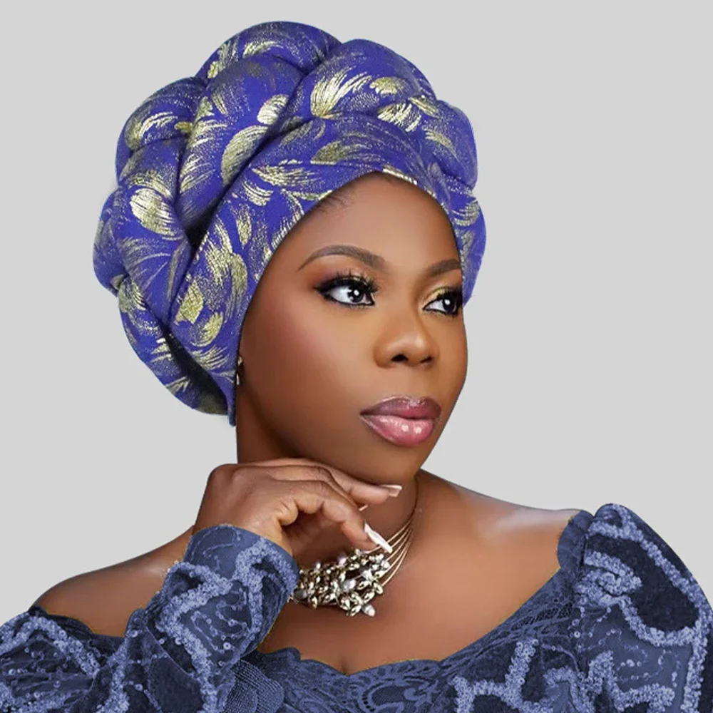 New African Bronzed Print Braids Turban Cap for Women Muslim Hijab Bonnet Auto Gele Headties Nigerian Head Wrap Wedding Headgear