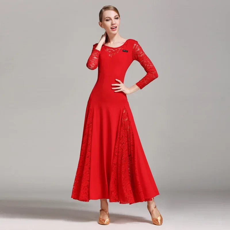 Robe de danse moderne pour femmes, longue couture en dentelle, valse, danse de salon, tango, norme nationale