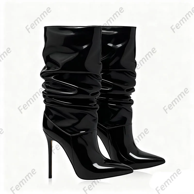 أحذية مترهلة مصنوعة يدويًا من الجلد اللامع باللون الوردي الساخن - أحذية كاحل مكشكشة بكعب ستيليتو للنساء، مقاس حفلة Y2K 35-47 #6