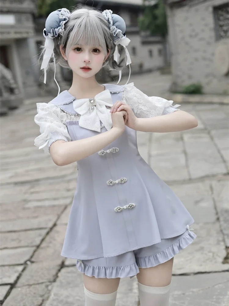 Mine Mass-Produced Lace Stitching Short Sleeve Petal Collar Bow Chinese Style Dress High Waist Shorts Two-Piece Set for Women