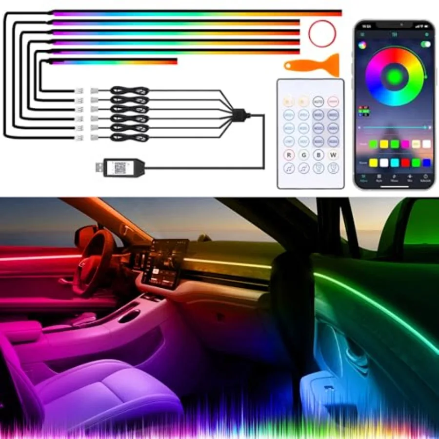 

【Spot goods】Acrylic Interior Car LED Lights with Wireless APP/Remote/Button Control 6 in 1 Dreamcolor USB Car Ambient Lighting
