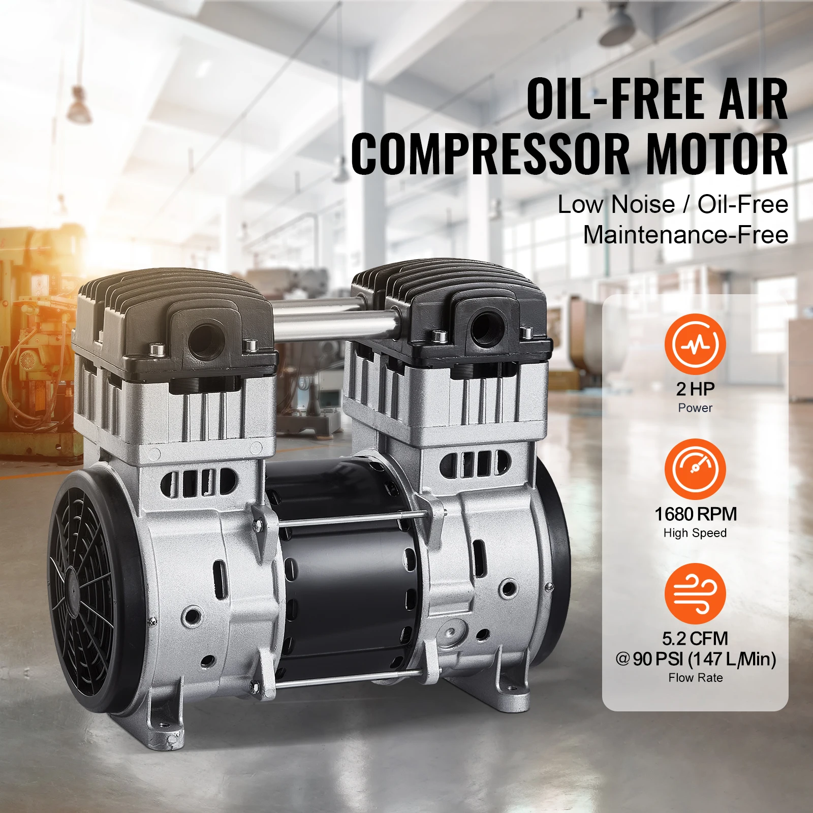 VEVOR Air Compressor Motor 2HP 5.2CFM @ 90PSI Oil Air Compressor Pump & Max.145PSI Pressure 78dB Ultra-Quiet Compressor Motor