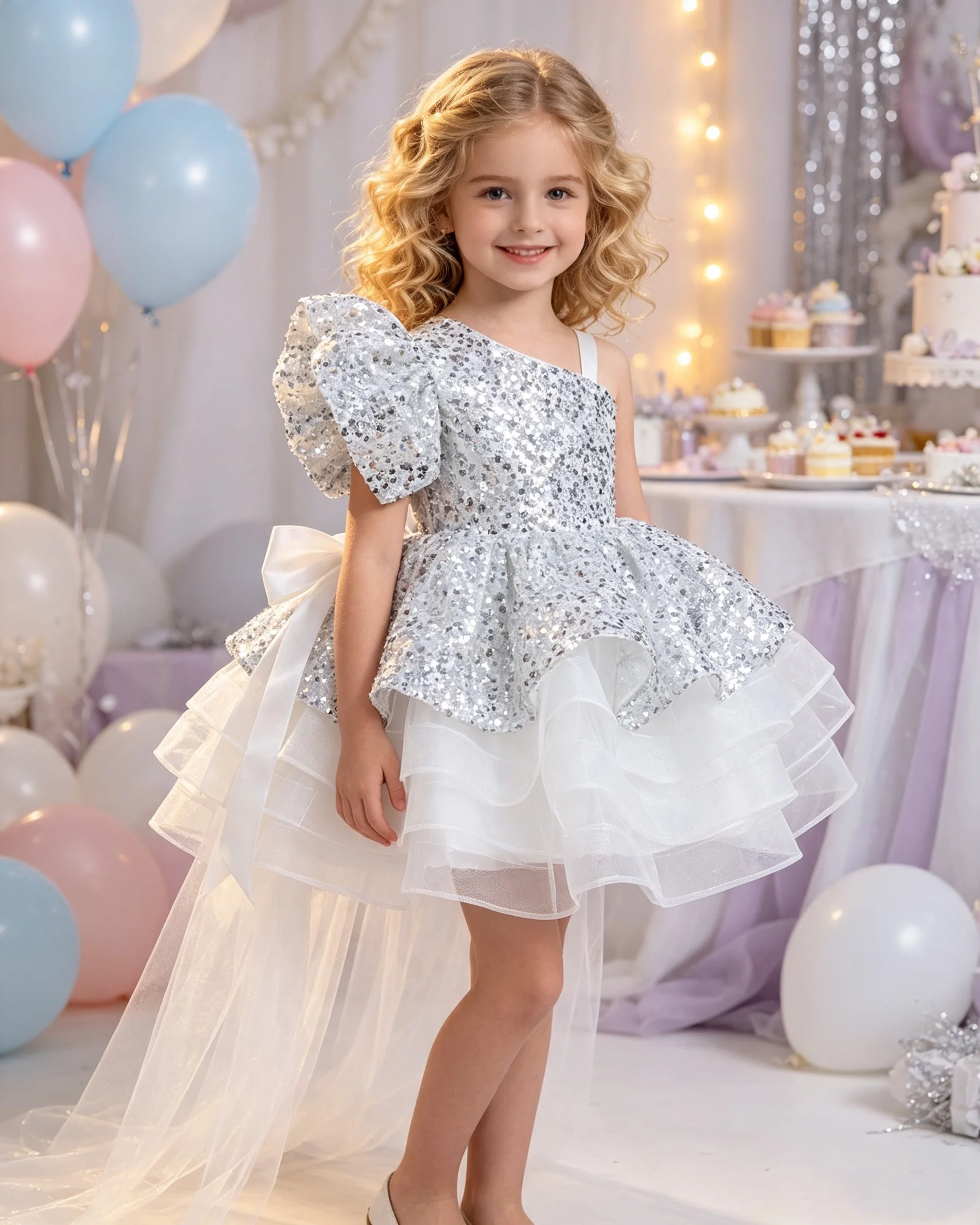 Elegant Girls Pageant Dress One Shoulder Sequined Tulle Princess Dress Christmas Ball Party Princess Tutu Dress