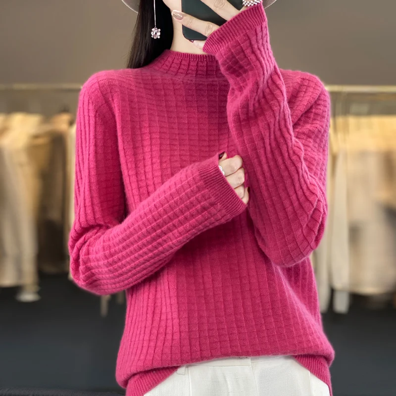 Pure Wool Knitted Sweater for Women Autumn and Winter Fashion New Waffle Pattern Women\'s Clothing Pullover Soft Warm Loose Top