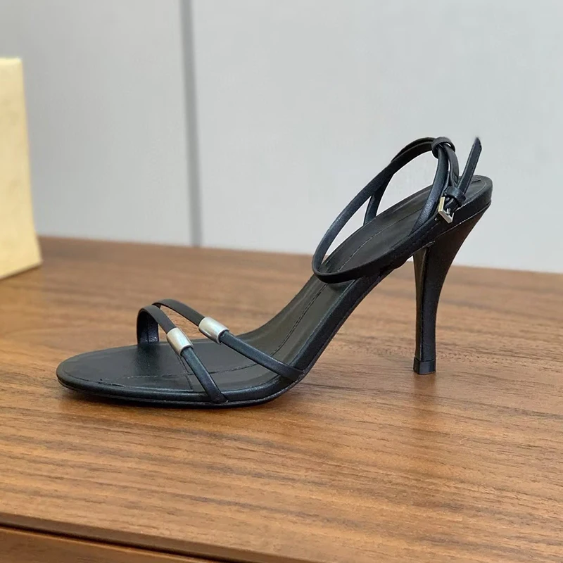 Genuine Leather Thin High-Heeled Sandals Women Open Toe Metal Decor Ankle Strap Sandalias Ladies Summer Party Dress Shoes 2025